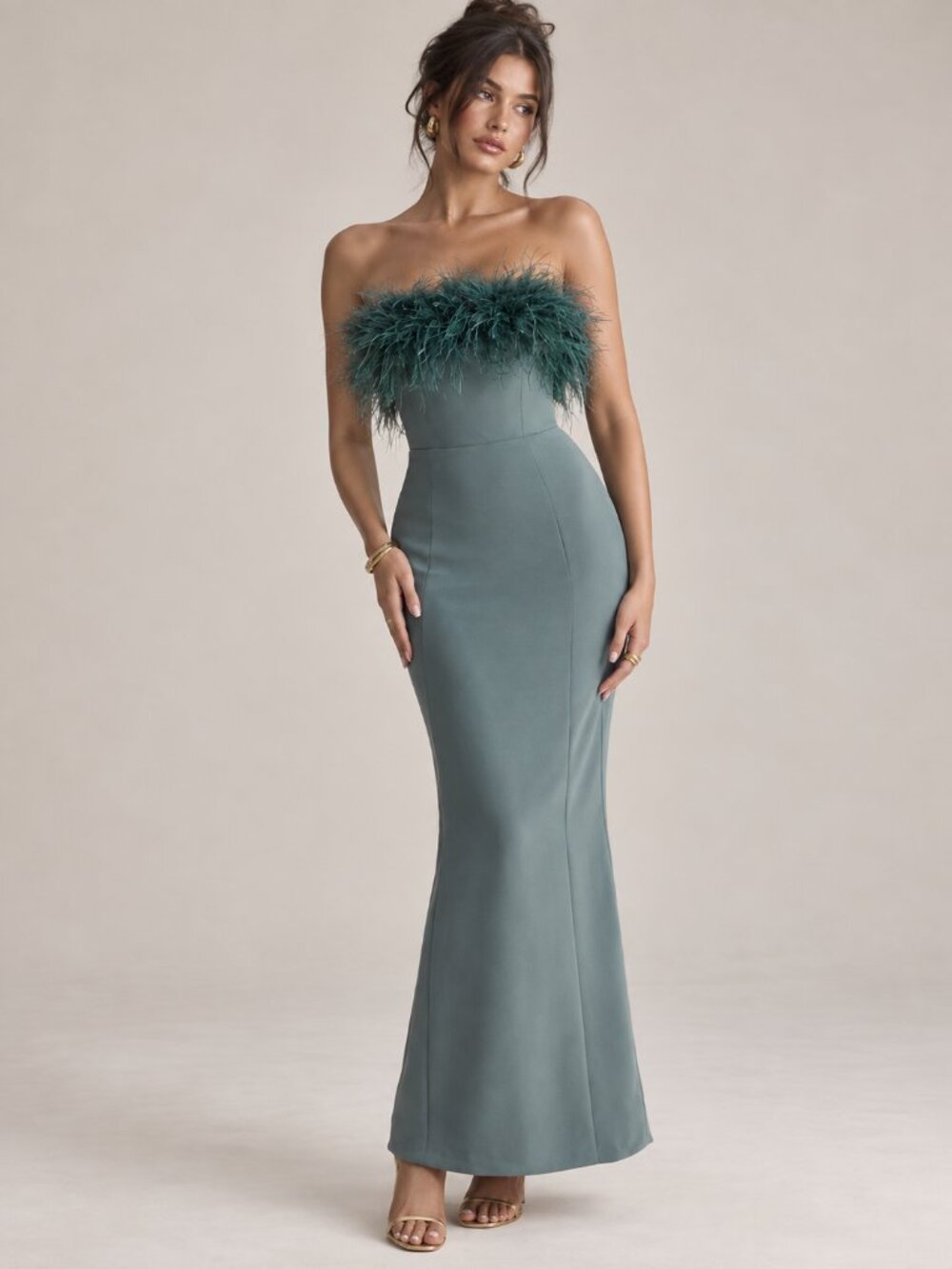 HOUSE OF CB Juliene Strapless Ostrich Feather Eucalyptus Maxi Dress NEW NWT